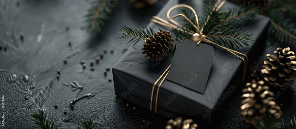 Poster top view of a festive black gift with christmas decorations like fir branches and pine cones on a sq