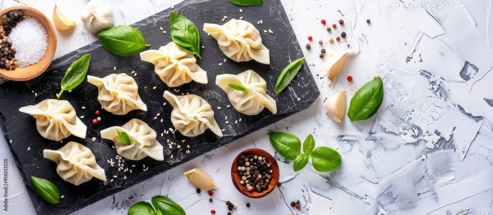 Leinwandbilder Blackboard with uncooked dumplings and basil on a white backdrop creating a visually appealing copy space image