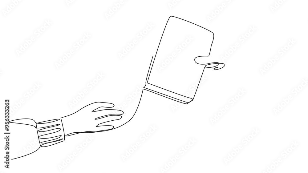 Poster animation of single continuous line drawing a hand gives a book to its partner. lend a book. increas