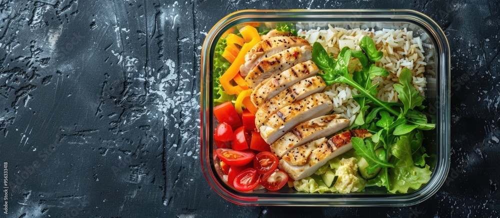 Leinwandbilder Fresh salad chicken and rice in a glass container on a black table from a top view perspective with room for text in the image. Creative banner. Copyspace image