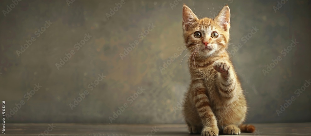 Poster Ginger cat playfully lifting paw with a curious gaze in a copy space image