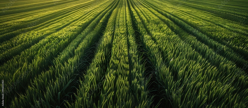 Poster fertile agricultural land with a symmetrical pattern of green cereal crop sprouts such as wheat barl