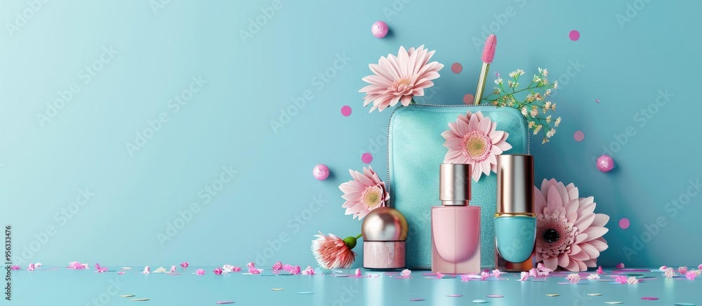 Poster a cosmetic bag with makeup items flowers and confetti displayed on a blue backdrop with copy space i