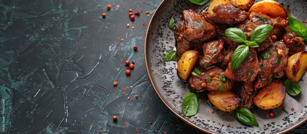 Poster traditional javanese dish sambal goreng ati kentang fried potatoes and chicken liver in a plate with