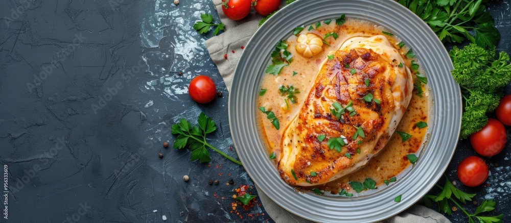 Poster a top down view of a table background displaying a baked chicken breast in creamy garlic sauce offer