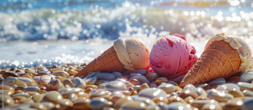 Poster relaxing on the pebble beach indulging in ice cream treat with empty cones on display against a back