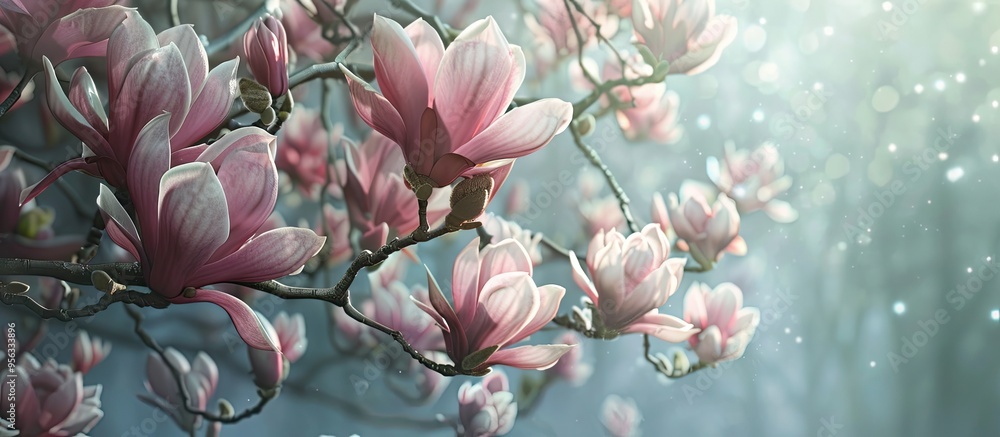 Poster pink magnolia flowers on a blossoming magnolia tree creating an elegant copy space image