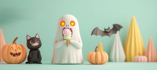 Fototapeta premium A playful Halloween scene featuring a ghost with a treat, a black cat, and decorative pumpkins against a pastel background.