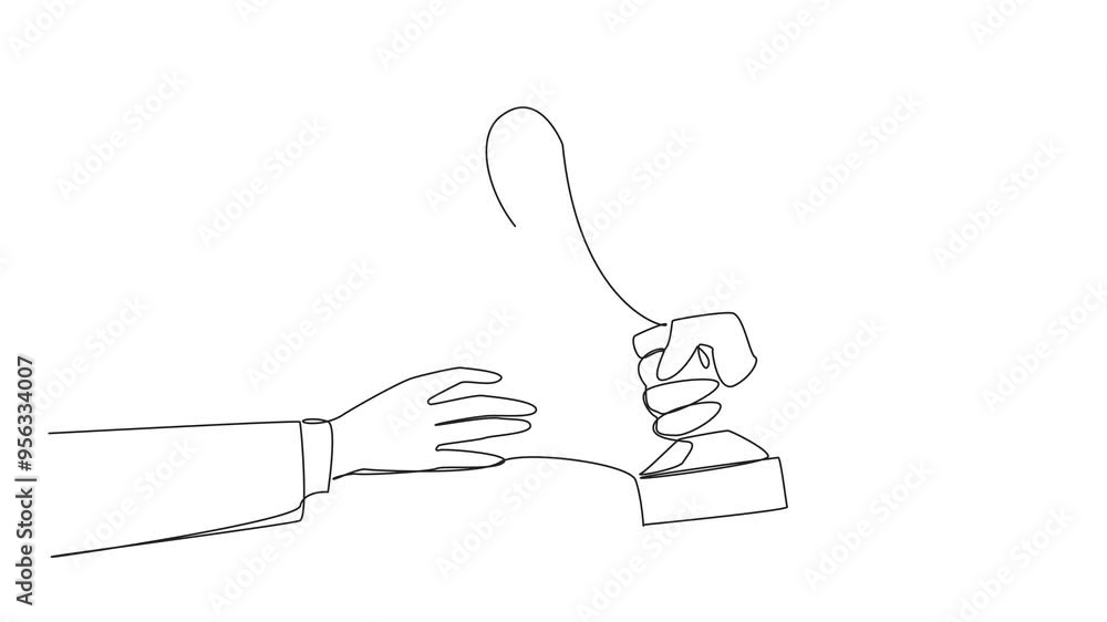 Poster self drawing animation of single one line drawing hand gives a trophy to colleague. success in devel