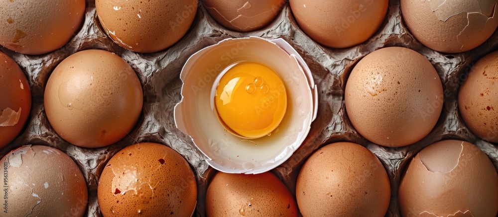 Poster top view of a cracked egg with yolk on fresh brown eggs in a carton creating a raw organic food back