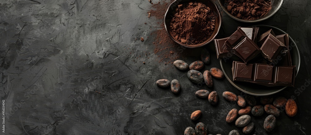 Fototapete dark chocolate cocoa beans and powder displayed on a concrete table with copy space image