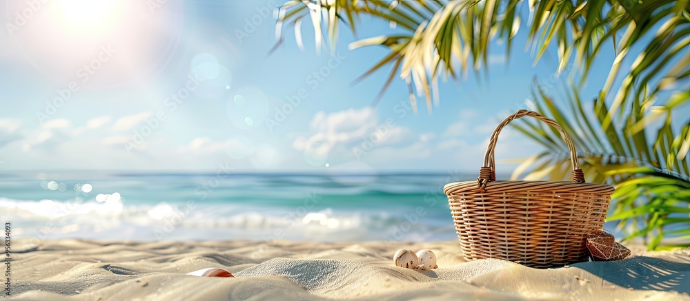 Aufkleber sandy beach backdrop with a vacant summer picnic basket ideal for displaying items signaling a summe