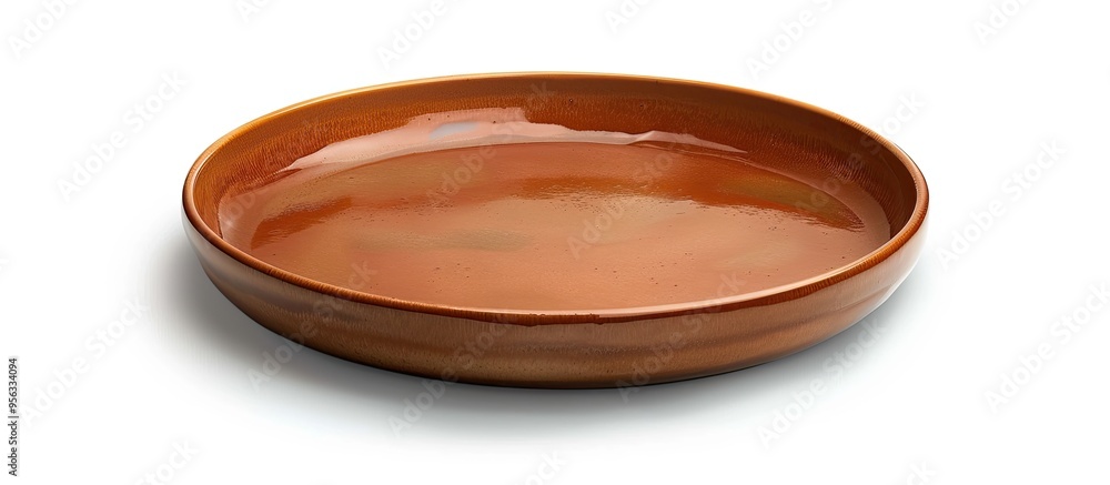 Poster New empty brown ceramic tray with clipping path isolated on white background for copy space image