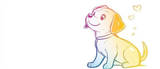Line art illustration featuring a rainbow gradient drawing of an adorable cartoon dog