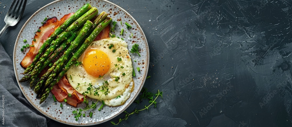 Aufkleber image of grilled asparagus served on a plate with bacon and egg sauce in a flat lay setup featuring 
