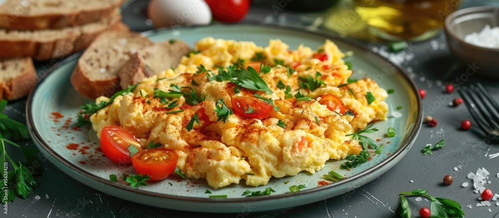 Poster scrambled eggs with vegetables sausages herbs cherry tomatoes bread in a picturesque plate setting w