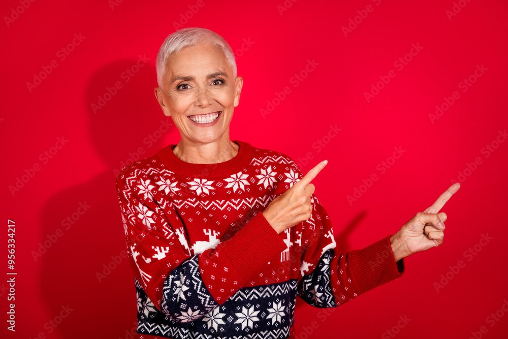 Poster Photo portrait of lovely pensioner lady point empty space wear print sweater celebrating new year isolated red color background