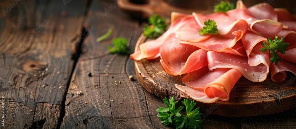 Aufkleber Fresh ham slice on a rustic table with copy space image ready to be enjoyed as a natural appetizer or snack creating a delightful meal atmosphere