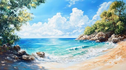 Oil painting depicting a vibrant and tranquil seascape with elements of fresh natural beauty