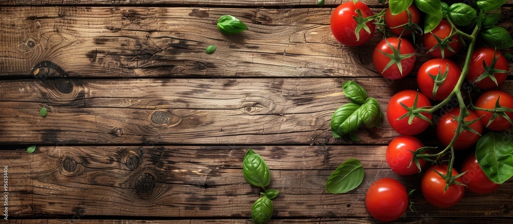 Poster fresh cherry tomatoes basil and oregano on an aged wooden rustic background with copy space image