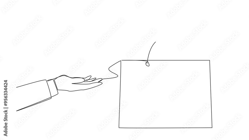 Poster animation of continuous one-line drawing of hand-giving paper bag. eco-friendly shopping bag. reduce