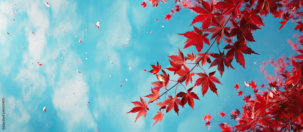 Fototapete a serene blue sky forms the backdrop for a vivid red maple branch in the copy space image