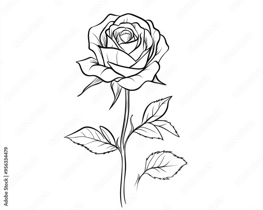 Wall mural Minimalistic line art illustration of a rose featuring a single black line drawing on a white background