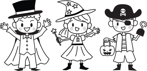Drawing of cute kids in halloween costumes. Vector Illustration.