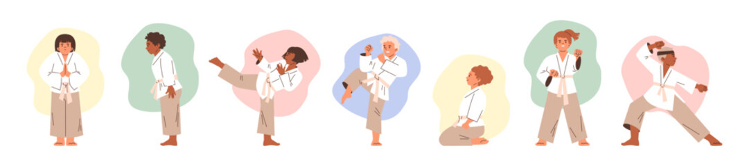 Set of vector illustrations boys and girls in kimonos in various poses, demonstrating karate skills © Kudryavtsev