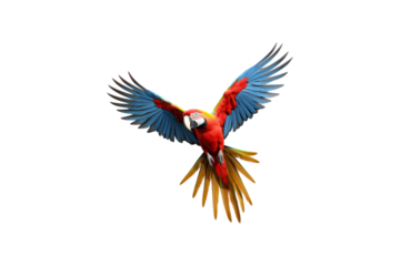 The image features a red scarlet macaw bird, its wings spread out. Suitable for website backgrounds or marketing materials for nature, wildlife, tropical themes, and bird enthusiasts