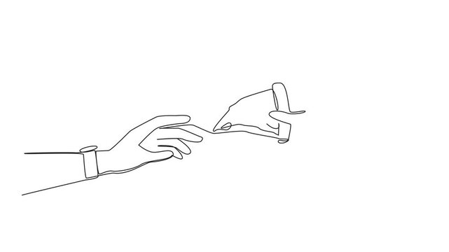 Self drawing animation of single continuous line drawing hand giving slice of pizza. Foods that ruin diet pattern. Usually these foods have high levels of fat, salt and calories.  Full length animated