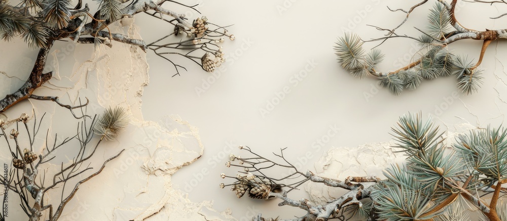 Poster nature scene featuring pine branches and dry snags on a beige backdrop suitable for beauty product b