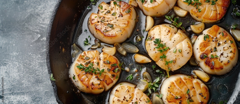 Aufkleber Scallops cooked with garlic thyme and butter in a cast iron skillet with a gray background viewed from the top features ample copy space image