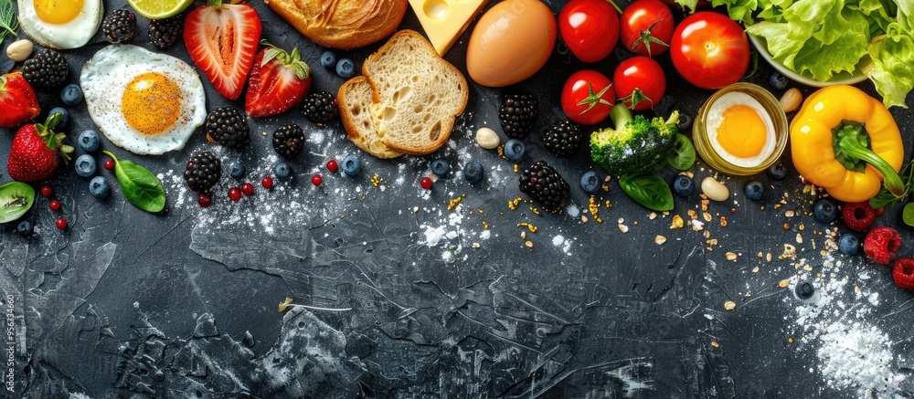 Poster a visually appealing flat lay breakfast spread featuring fruits salad egg bread vegetables cheese an