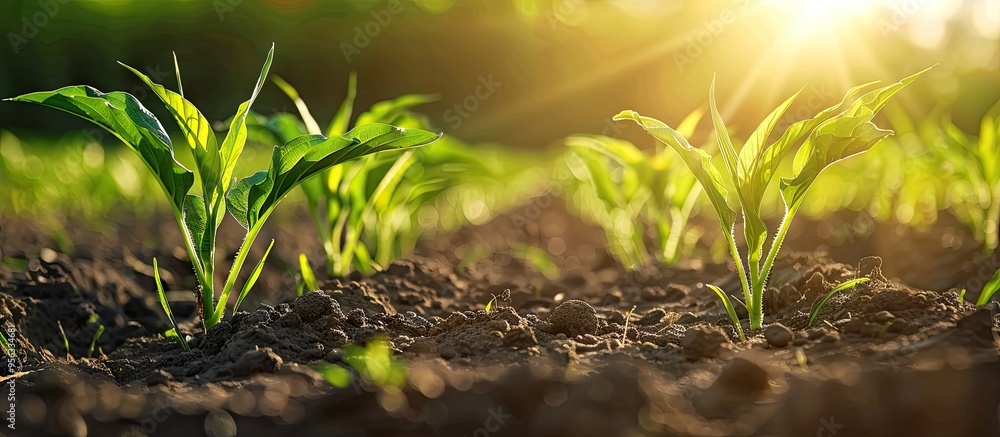 Poster young maize crops growing in a field with sunlight in the background creating a close up agriculture