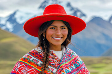 Portrait of a beautiful Indian villager in the Andes smiling and looking at the camera