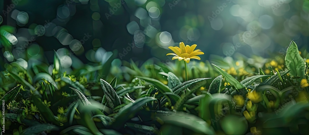 Aufkleber greenery background with a small yellow wild flower perfect for copy space image
