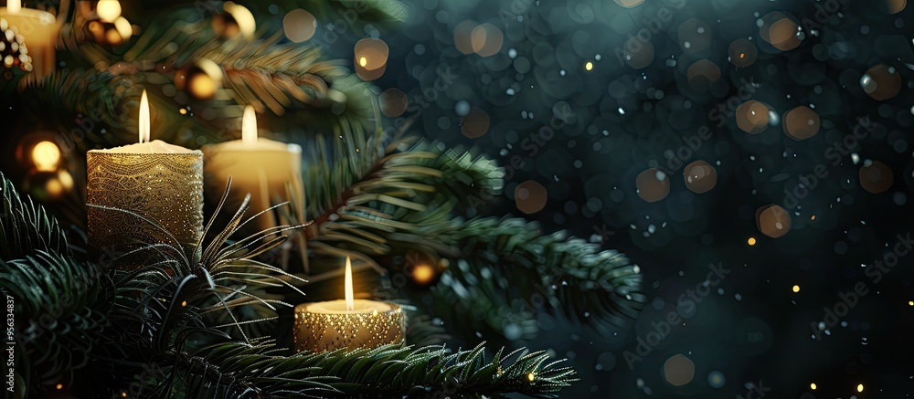 Poster festive layout on a christmas card featuring a fir branch adorned with candles along with room for t