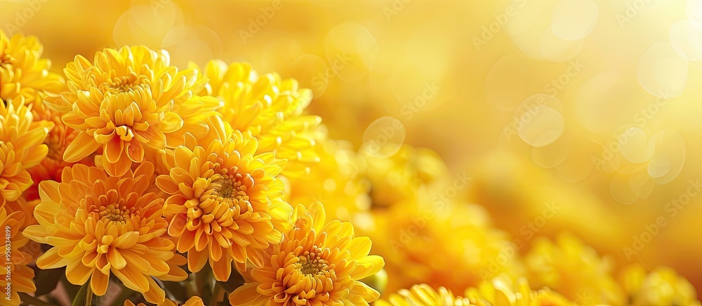 Poster chrysanthemum flowers elegantly displayed against yellow backdrop with copy space image