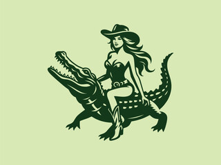 Obraz premium Beautiful cowgirl woman riding an alligator. vintage black and white engraving vector isolated illustration, logo, emblem, cut out, woodcut. Print, tattoo
