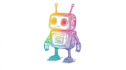 Line art illustration featuring a rainbow gradient of a cartoon robot in a playful design