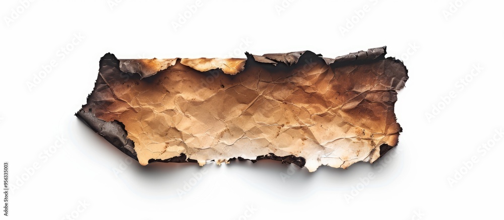 Poster a charred sheet of paper set against a blank white backdrop with room for text or images. creative b