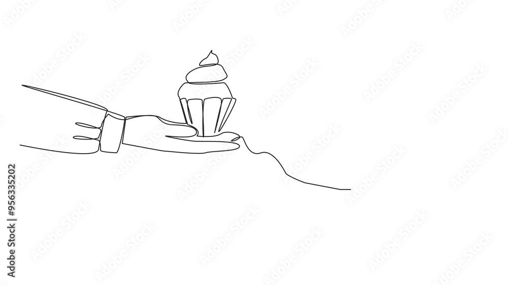 Poster animated self drawing of single continuous line drawing hand giving a cupcake. has a light texture. 