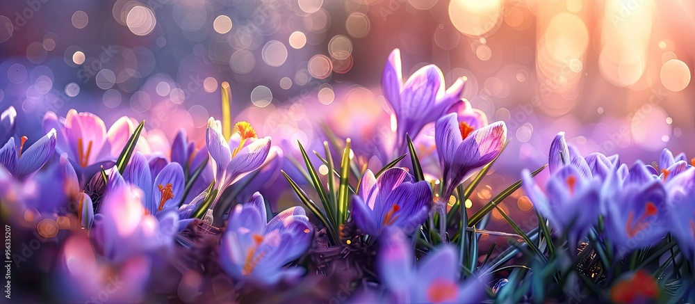 Poster A vibrant spring scene with a mixture of crocuses in the morning light outdoors creating a beautiful background with bokeh effect perfect for a copy space image