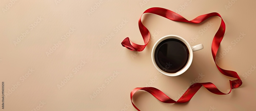 Poster top down view of coffee cup on beige backdrop with red ribbon for decoration ample space for additio