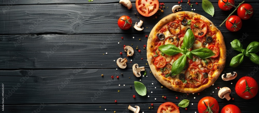 Aufkleber delicious pizza with basil mushrooms and tomato on a black wooden table flat lay composition with co