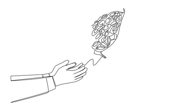 Self drawing animation of continuous one line drawing hand giving a bouquet of roses. Love sign. Romance of ouple. Concern for others. Give love to worthy people. Romantic life. Full length animated