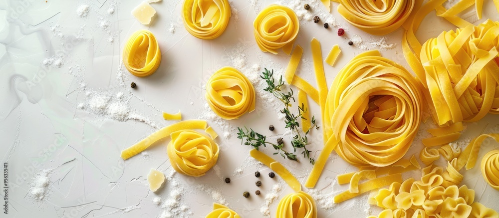 Aufkleber Light background enhances the composition with various uncooked pastas and thyme offering copy space image