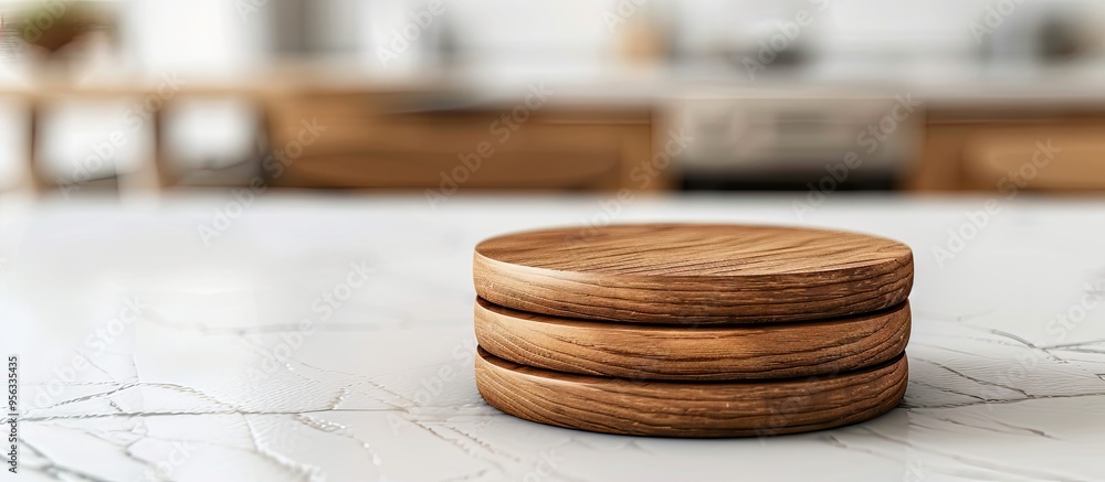 Poster wooden coasters featuring a simple white backdrop for a copy space image