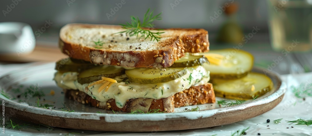 Aufkleber plate featuring a homemade pickle sandwich with mayo and cheese captured from the side with copy spa